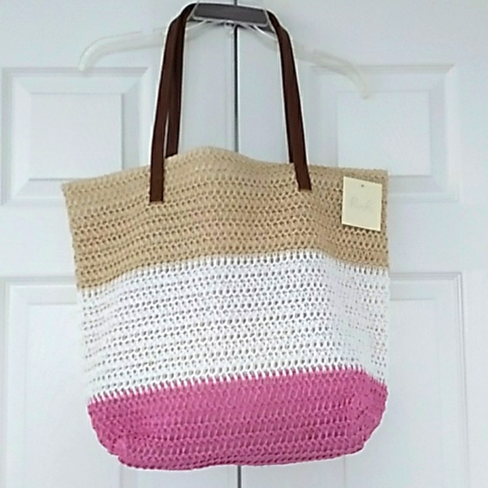 Riah Pink White & Beige Crochet Beach Bag Tote